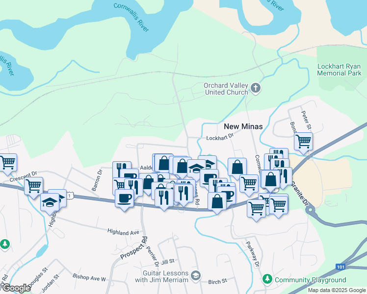 map of restaurants, bars, coffee shops, grocery stores, and more near 1165 Aalders Avenue in New Minas
