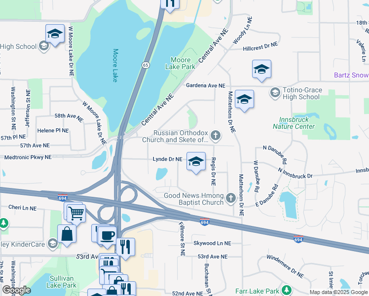 map of restaurants, bars, coffee shops, grocery stores, and more near 1030 Hathaway Lane Northeast in Fridley