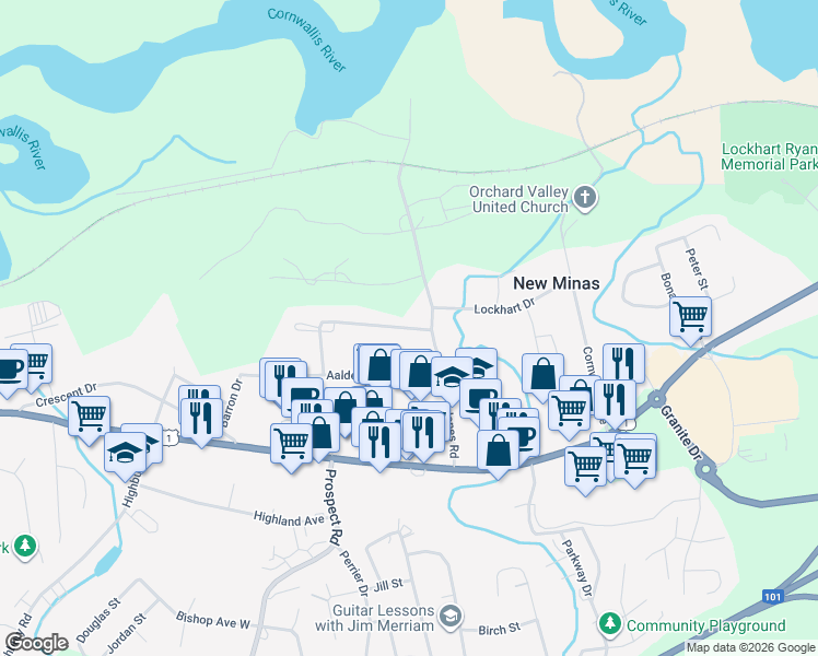 map of restaurants, bars, coffee shops, grocery stores, and more near 1155 Aalders Avenue in New Minas