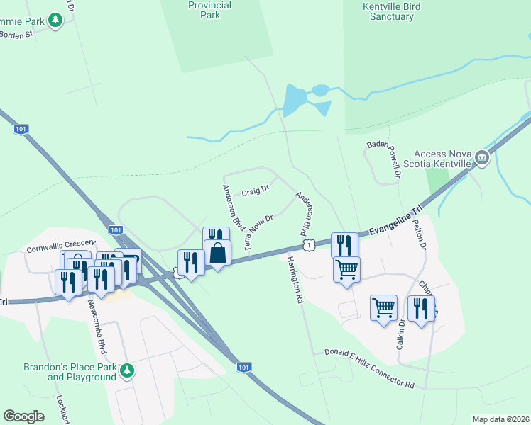 map of restaurants, bars, coffee shops, grocery stores, and more near 104 Terra Nova Drive in Kentville