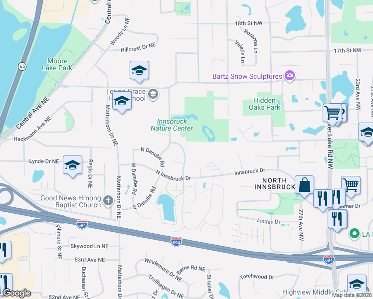 map of restaurants, bars, coffee shops, grocery stores, and more near 5637 West Bavarian Pass in Fridley
