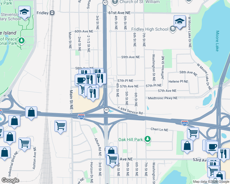 map of restaurants, bars, coffee shops, grocery stores, and more near 5608 4th Street Northeast in Fridley