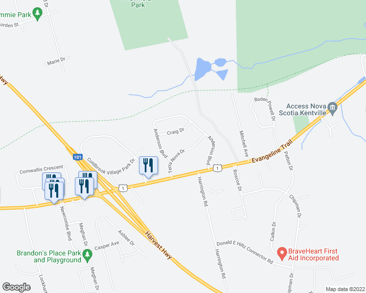 map of restaurants, bars, coffee shops, grocery stores, and more near 104 Terra Nova Drive in Kentville