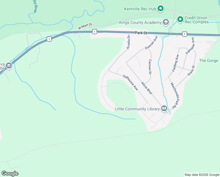 map of restaurants, bars, coffee shops, grocery stores, and more near 18 Mount Vincent Drive in Kentville