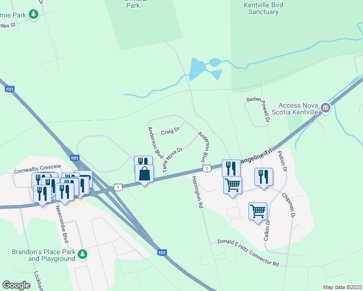map of restaurants, bars, coffee shops, grocery stores, and more near 106 Terra Nova Drive in Kentville