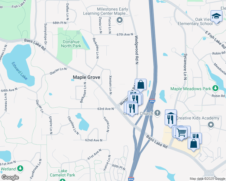 map of restaurants, bars, coffee shops, grocery stores, and more near 6402 Xenium Lane North in Maple Grove