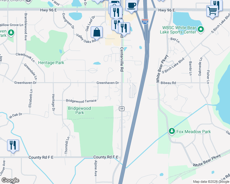 map of restaurants, bars, coffee shops, grocery stores, and more near 4255 Centerville Road in Vadnais Heights