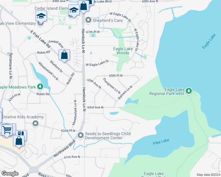 map of restaurants, bars, coffee shops, grocery stores, and more near 6445 Evergreen Lane North in Maple Grove