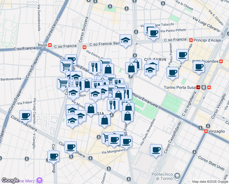 map of restaurants, bars, coffee shops, grocery stores, and more near 11 Via Cavallermaggiore in Turin