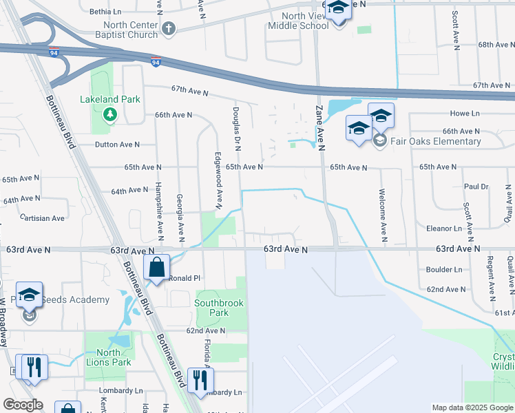 map of restaurants, bars, coffee shops, grocery stores, and more near 6400 Douglas Drive North in Brooklyn Park