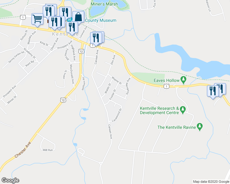 map of restaurants, bars, coffee shops, grocery stores, and more near 15 Foster Street in Kentville