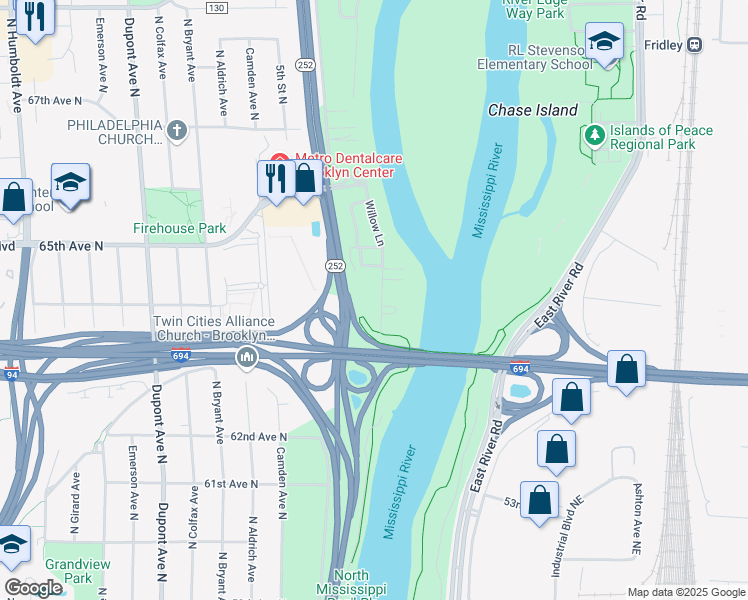 map of restaurants, bars, coffee shops, grocery stores, and more near 6401 Willow Lane in Brooklyn Center