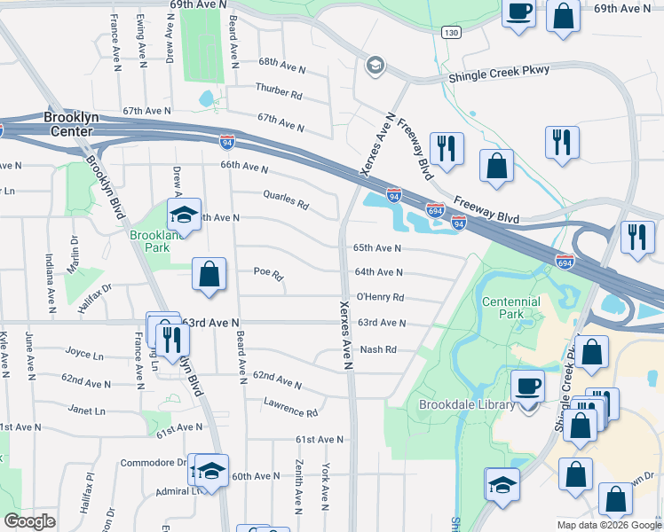 map of restaurants, bars, coffee shops, grocery stores, and more near 3306 64th Avenue North in Minneapolis
