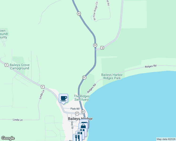 map of restaurants, bars, coffee shops, grocery stores, and more near 8241 Wisconsin 57 in Baileys Harbor