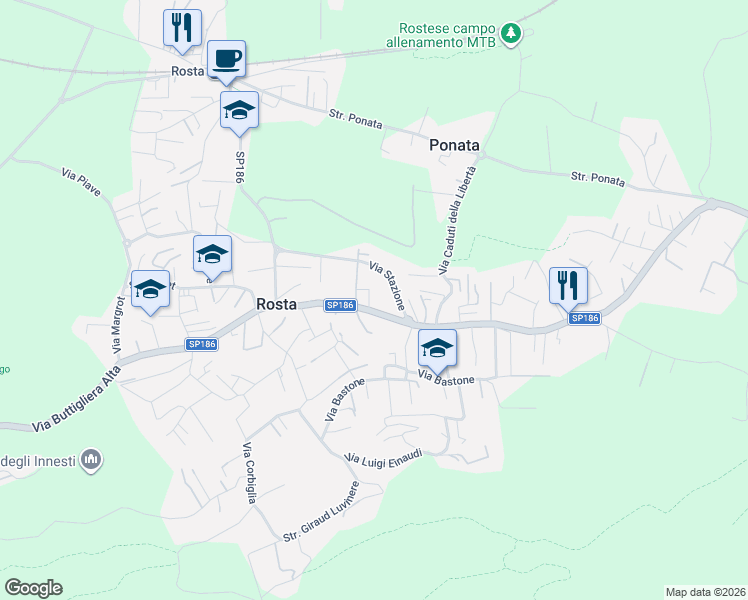 map of restaurants, bars, coffee shops, grocery stores, and more near 42 Via Rivoli in Rosta