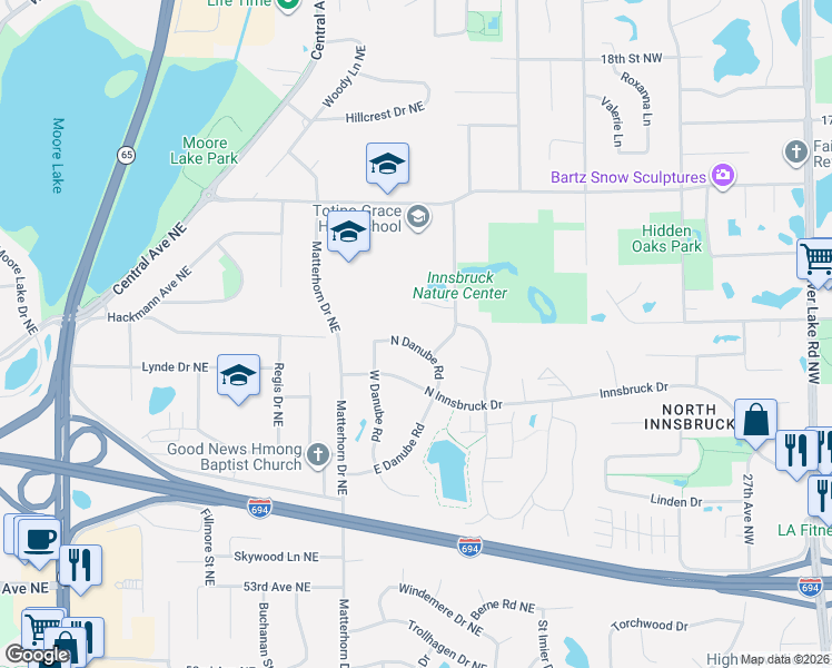 map of restaurants, bars, coffee shops, grocery stores, and more near 1422 Royal Oak Court Northeast in Fridley