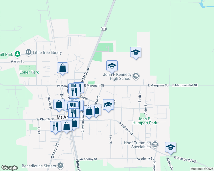 map of restaurants, bars, coffee shops, grocery stores, and more near 460 East Marquam Street in Mount Angel