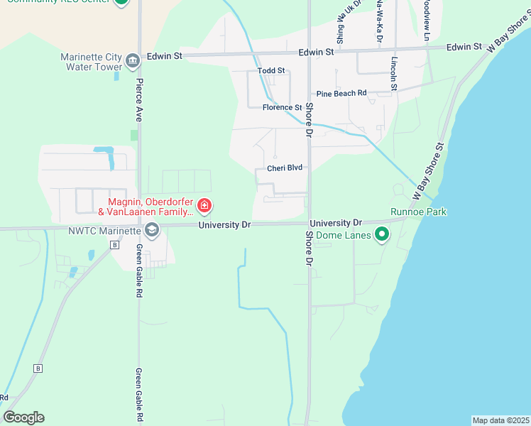 map of restaurants, bars, coffee shops, grocery stores, and more near 1200 University Drive in Marinette