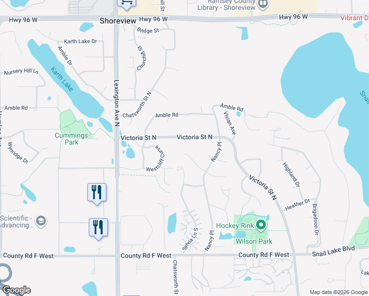 map of restaurants, bars, coffee shops, grocery stores, and more near 4401 Victoria Street North in Saint Paul