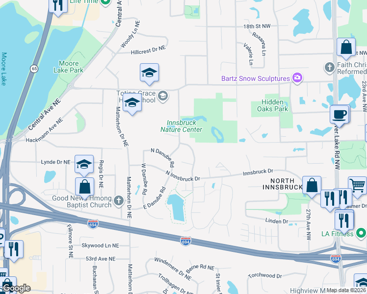 map of restaurants, bars, coffee shops, grocery stores, and more near 5805 Arthur Street Northeast in Fridley