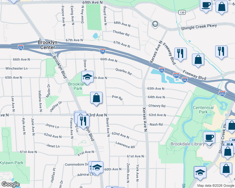 map of restaurants, bars, coffee shops, grocery stores, and more near 3206 64th Avenue North in Minneapolis