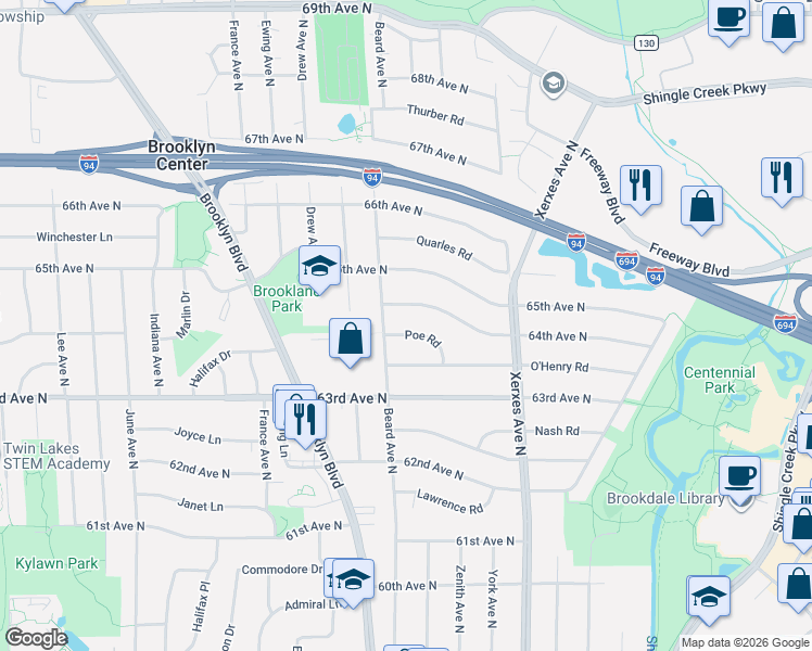 map of restaurants, bars, coffee shops, grocery stores, and more near 3306 64th Avenue North in Minneapolis