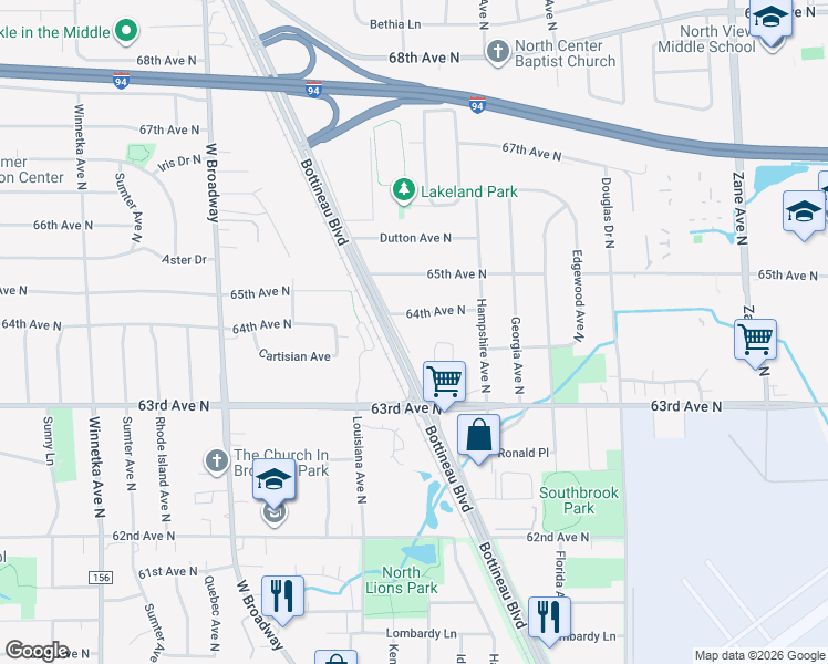 map of restaurants, bars, coffee shops, grocery stores, and more near 6908 64th Avenue North in Minneapolis