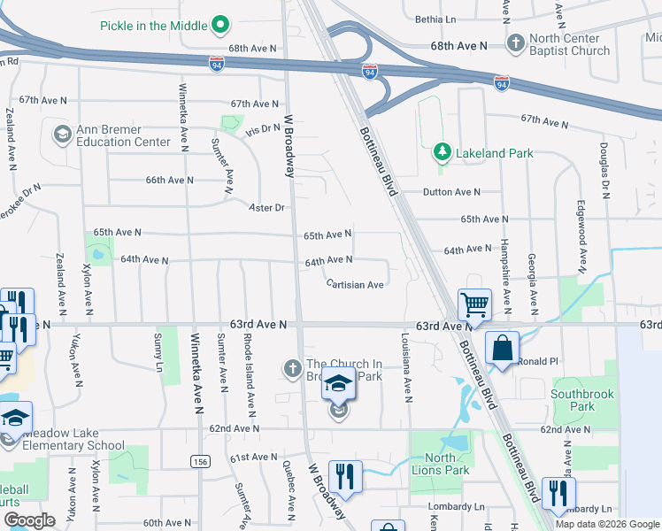 map of restaurants, bars, coffee shops, grocery stores, and more near 7301 65th Avenue North in Minneapolis