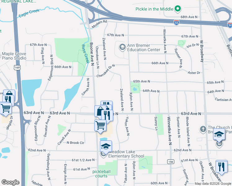 map of restaurants, bars, coffee shops, grocery stores, and more near 6409 Zealand Court North in Minneapolis