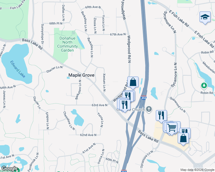 map of restaurants, bars, coffee shops, grocery stores, and more near 6442 Xenium Lane North in Maple Grove