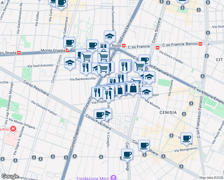 map of restaurants, bars, coffee shops, grocery stores, and more near 25 Via Luigi Capriolo in Turin