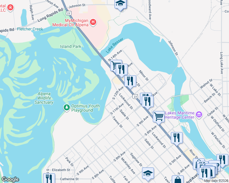 map of restaurants, bars, coffee shops, grocery stores, and more near 1119 Lockwood Street in Alpena