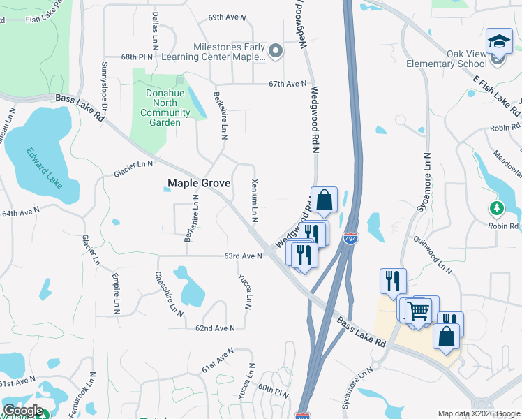 map of restaurants, bars, coffee shops, grocery stores, and more near 6442 Xenium Lane North in Maple Grove
