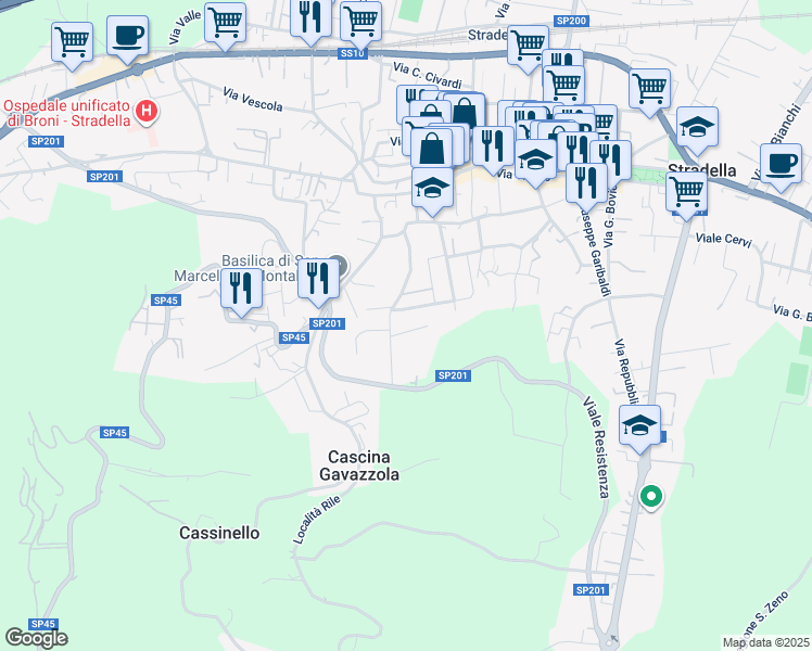 map of restaurants, bars, coffee shops, grocery stores, and more near 4 Via Giovanni Palatucci in Stradella