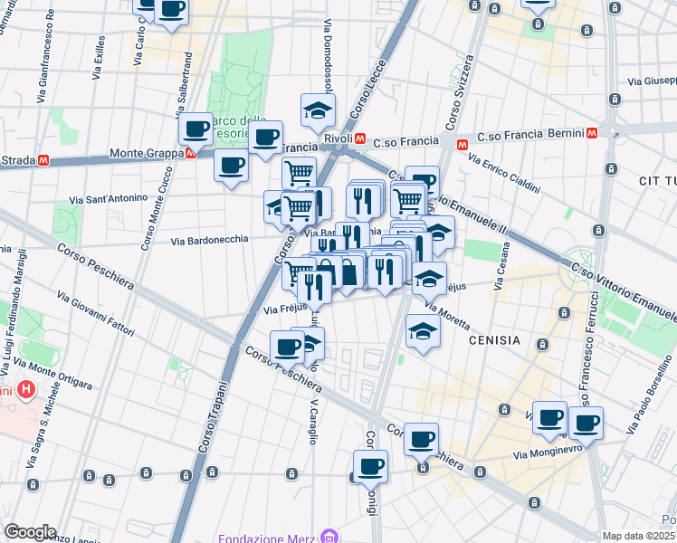 map of restaurants, bars, coffee shops, grocery stores, and more near 20 Via Monte Albergian in Torino