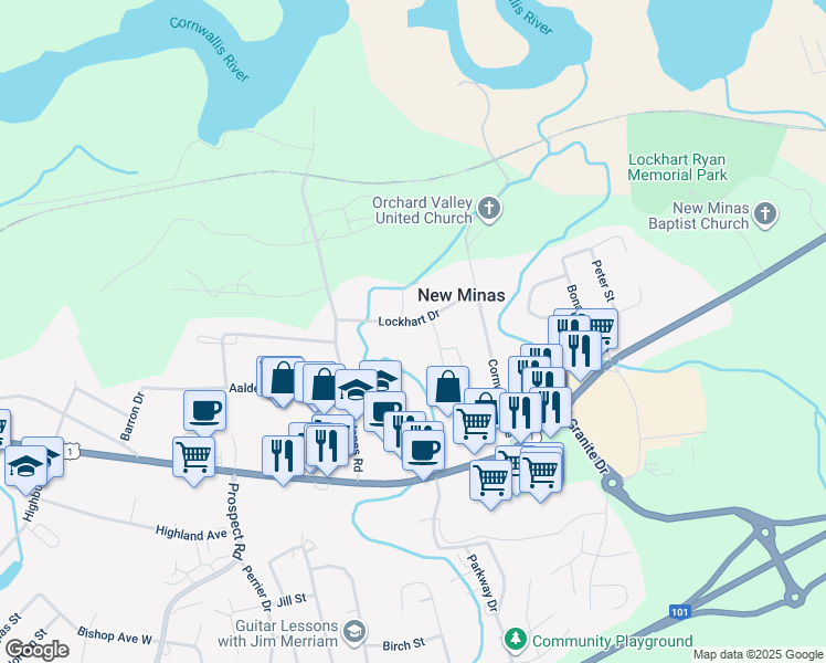 map of restaurants, bars, coffee shops, grocery stores, and more near 48 Lockhart Drive in New Minas
