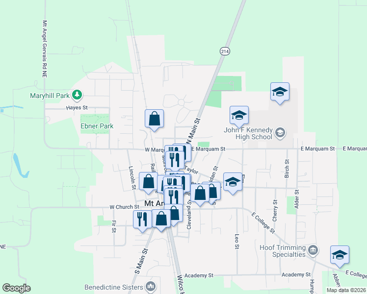 map of restaurants, bars, coffee shops, grocery stores, and more near 510 North Main Street in Mount Angel