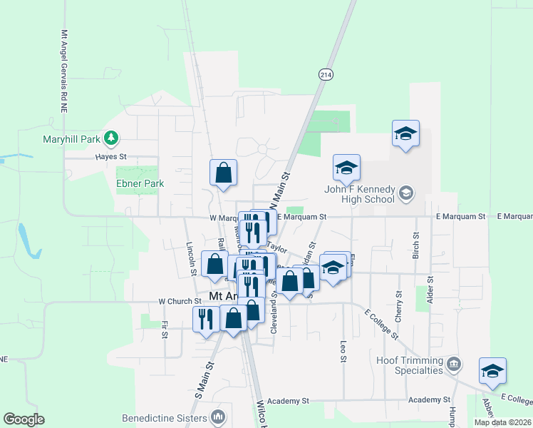 map of restaurants, bars, coffee shops, grocery stores, and more near 510 North Main Street in Mount Angel