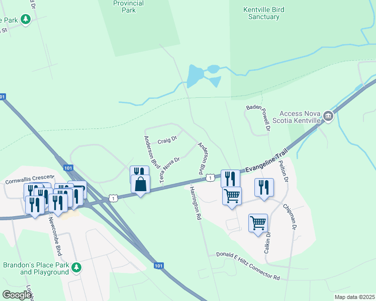 map of restaurants, bars, coffee shops, grocery stores, and more near 112 Terra Nova Drive in Kentville