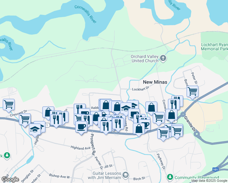 map of restaurants, bars, coffee shops, grocery stores, and more near 1169 Aalders Avenue in New Minas