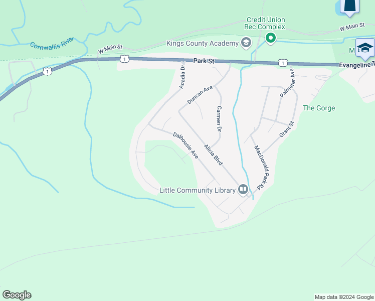 map of restaurants, bars, coffee shops, grocery stores, and more near 27 Dalhousie Avenue in Kentville