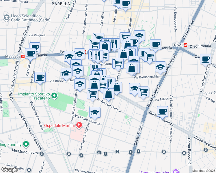 map of restaurants, bars, coffee shops, grocery stores, and more near 111-129 Via Bardonecchia in Torino