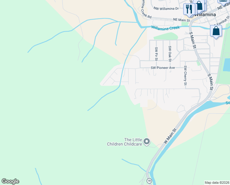 map of restaurants, bars, coffee shops, grocery stores, and more near Southwest Hill Drive in Willamina