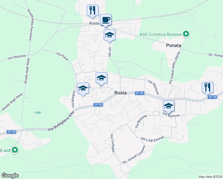map of restaurants, bars, coffee shops, grocery stores, and more near 92 Via Piave in Rosta
