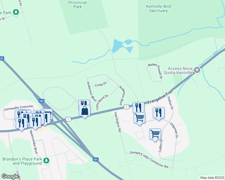 map of restaurants, bars, coffee shops, grocery stores, and more near 112 Terra Nova Drive in Kentville