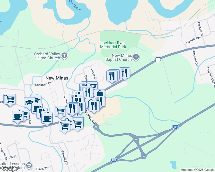 map of restaurants, bars, coffee shops, grocery stores, and more near 9369 Commercial Street in New Minas