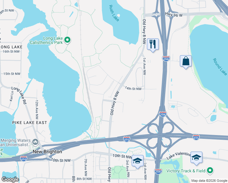 map of restaurants, bars, coffee shops, grocery stores, and more near 1392 Old Highway 8 Northwest in New Brighton