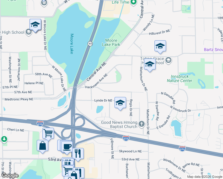 map of restaurants, bars, coffee shops, grocery stores, and more near 1032 Hackmann Circle Northeast in Fridley