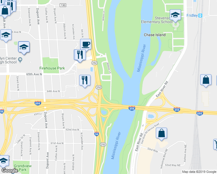 map of restaurants, bars, coffee shops, grocery stores, and more near 6433 Willow Lane in Brooklyn Center