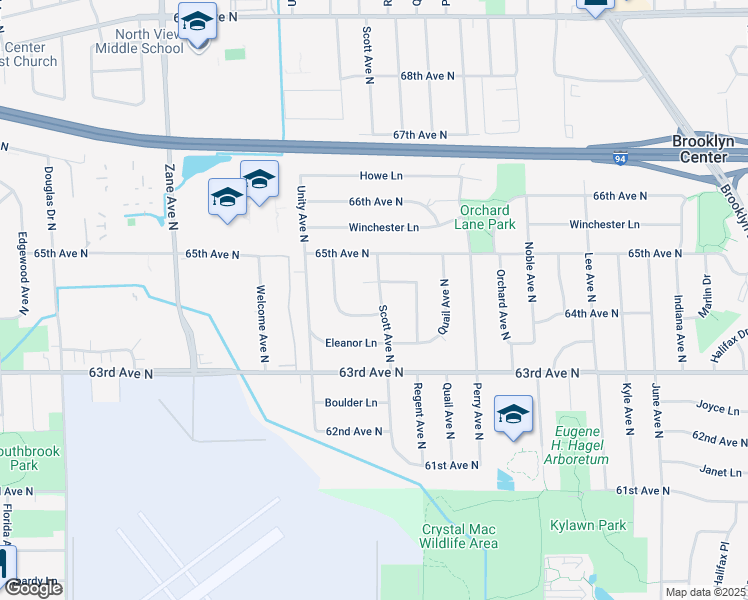 map of restaurants, bars, coffee shops, grocery stores, and more near 6412 Scott Avenue North in Minneapolis